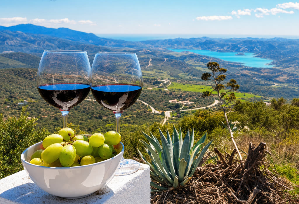 Two glasses of red wine and a bowl of grapes overlooking Lake Viñuela and the Axarquía valley from Finca Cantueso