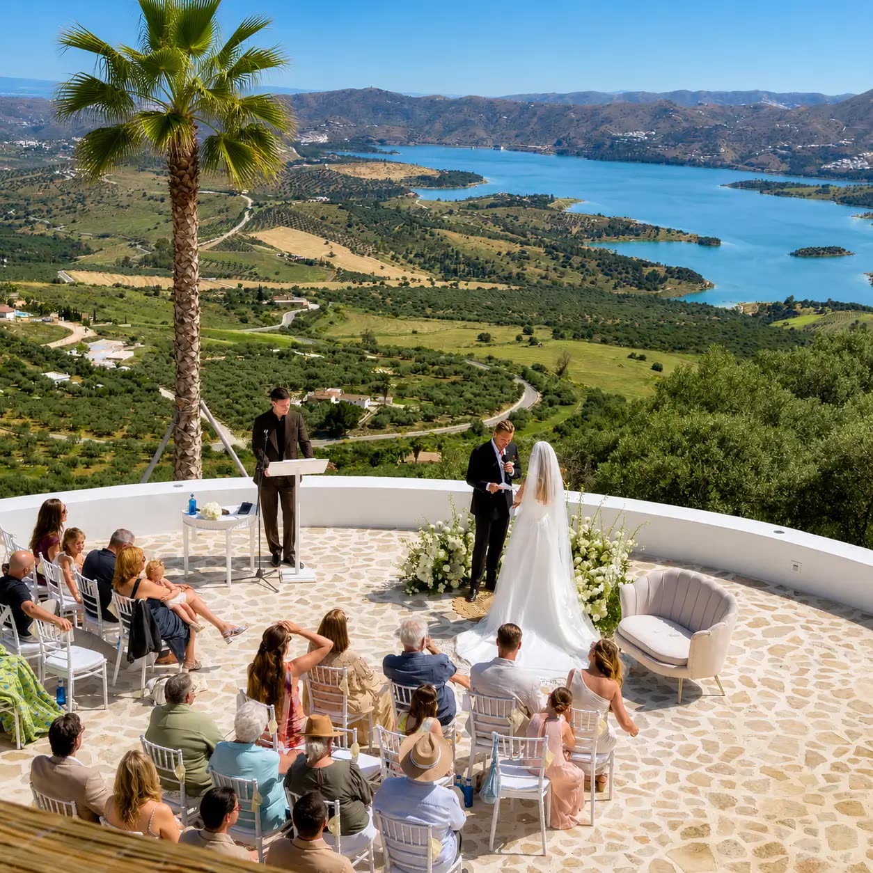 Aerial view of a wedding ceremony on the terrace overlooking Lake Viñuela